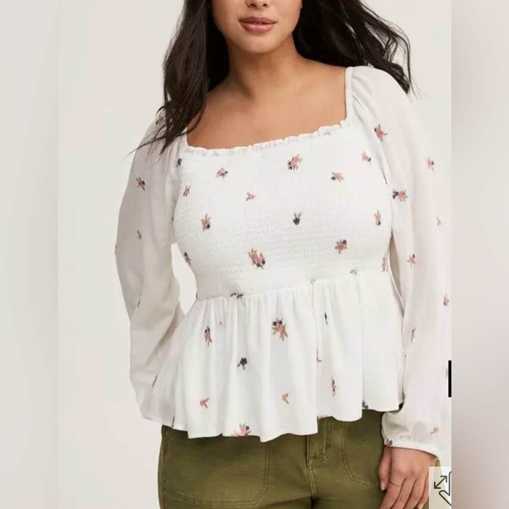 Tiered Embroidered Smocked White Cropped Blouse (3X)